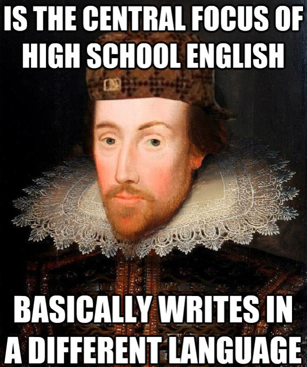 A meme image of Shakespeare that says 'Is the central focus of high school English | Basically write in a different language'