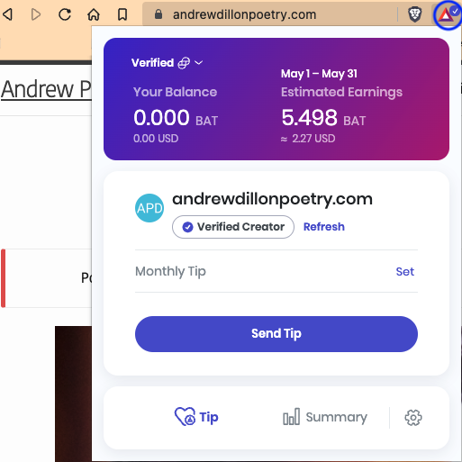 A screenshot of the current website viewed in Brave Browser, with the Brave Rewards icon (a multi-colored triangle) clicked to reveal a dialog that allows you to tip the author using Brave's cryptocurrency, Basic Attention Token.
