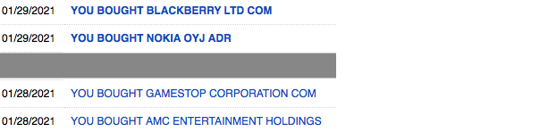 A screenshot of the buy amounts I paid for the popular meme stocks: AMC, BB, GME, NOK.