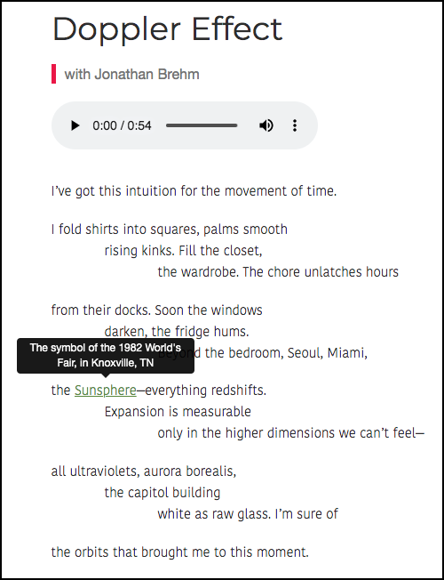 
A screenshot of the poem 'Doppler Effect' from the author's in-progress book, showing an open tooltip on the word <i>Sunsphere</i>, with the text <q>The symbol of the 1982 World's Fair, in Knoxville, TN</q>
