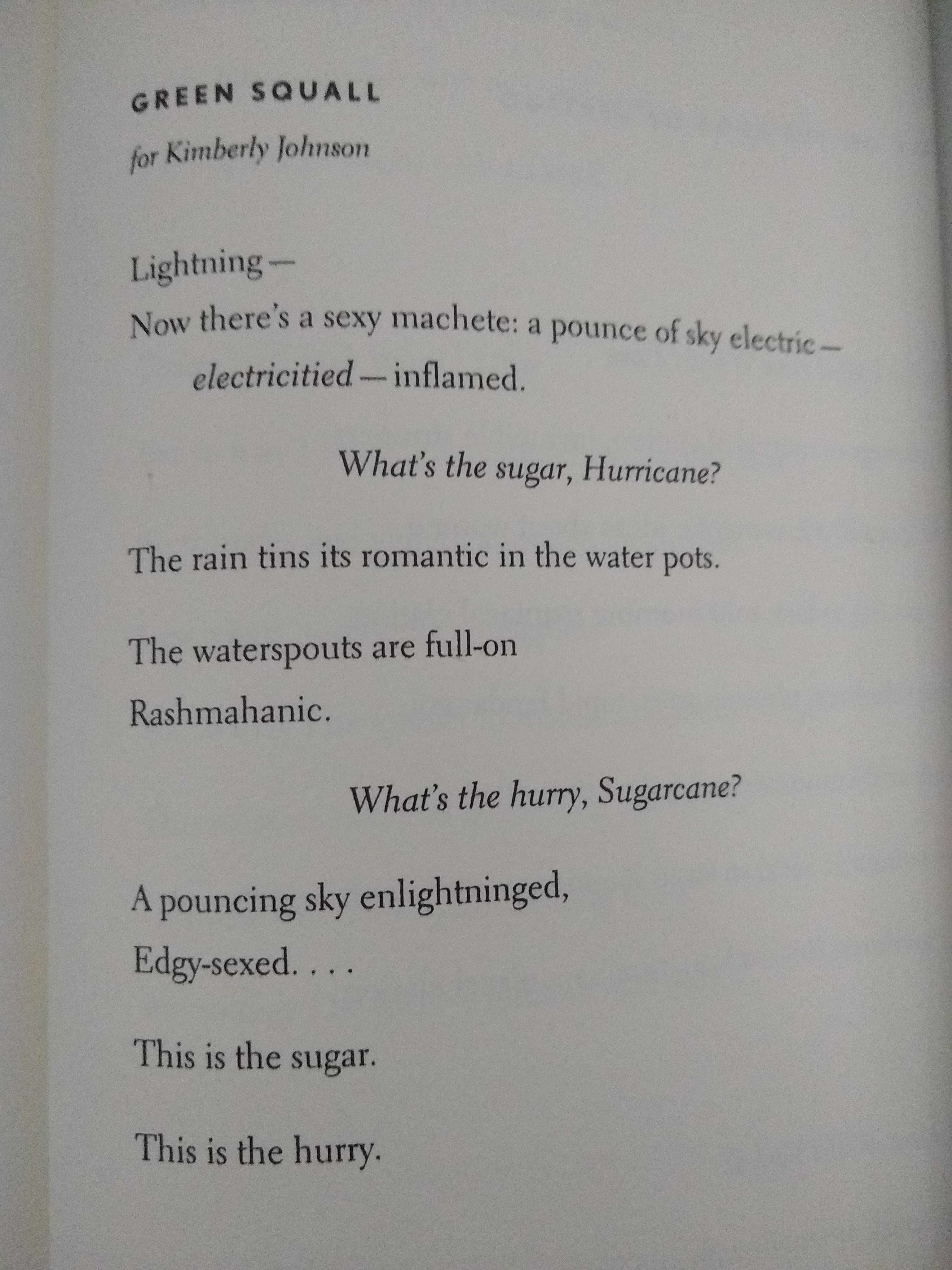 The title poem from Jay Hopler's 2005 collection 'Green Squall: for Kimberly Johnson / Lightning — / Now there's a sexy machete: a pounce of sky electric — / electricitied — inflamed. / What's the sugar, Hurricane? / The rain tins its romantic in the water pots. / The waterspouts are full-on / Rashmahanic. / What's the hurry, Sugarcane? / A pouncing sky enlightninged, / Edgy-sexed. . . . / This is the sugar. / This is the hurry.