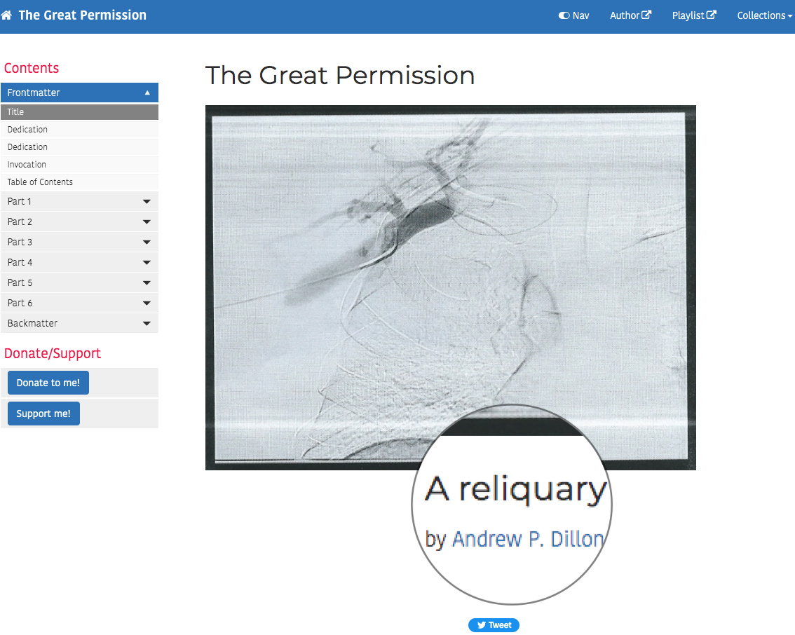 A screenshot of the homepage of the author's forthcoming booksite, with the subtitle 'A reliquary' & the author's name magnified.